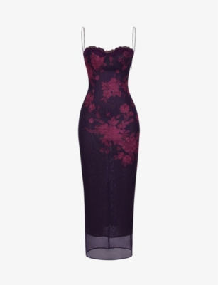 Shop House Of Cb Women's Grape Aiza Floral-print Stretch-mesh Woven Maxi Dress