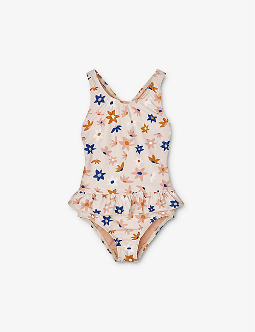 LIEWOOD: Amara stripe-print frill-waist recycled-polyester swimsuit 18 months - 8 years