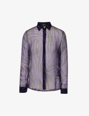 Versace Sheer Zebra Stripe Silk Chiffon Button-up Shirt In Black Orchid