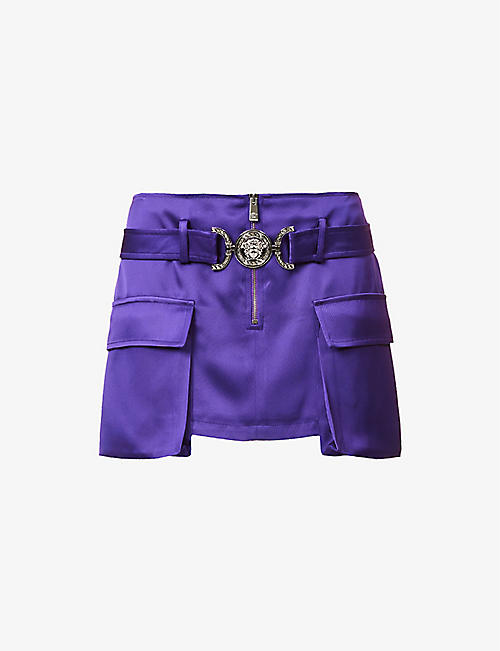 VERSACE: Brand-plaque flap-pocket satin mini skirt