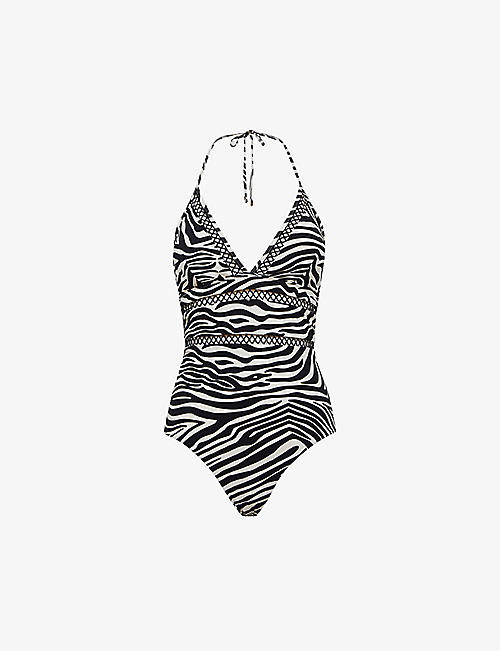REISS: Gia zebra-print halterneck swimsuit