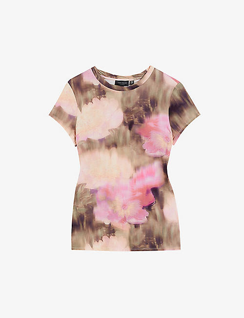 TED BAKER: Floral-print fitted stretch-cotton T-shirt