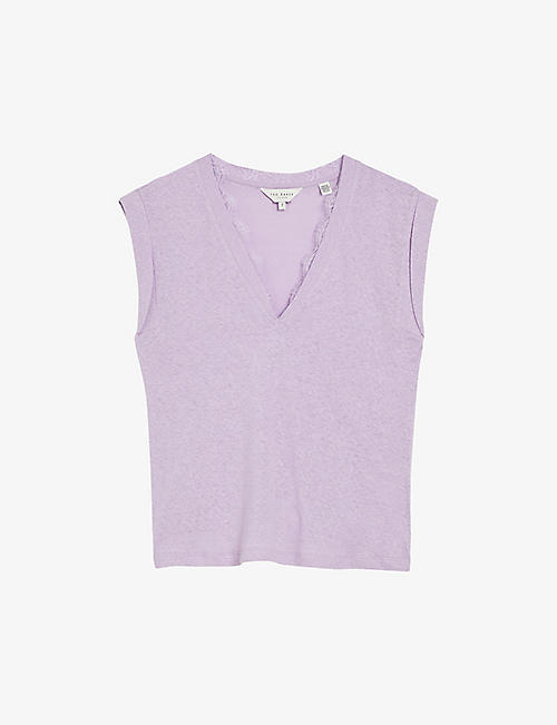 TED BAKER: Effiy lace-trimmed V-neck linen and cotton-blend T-shirt
