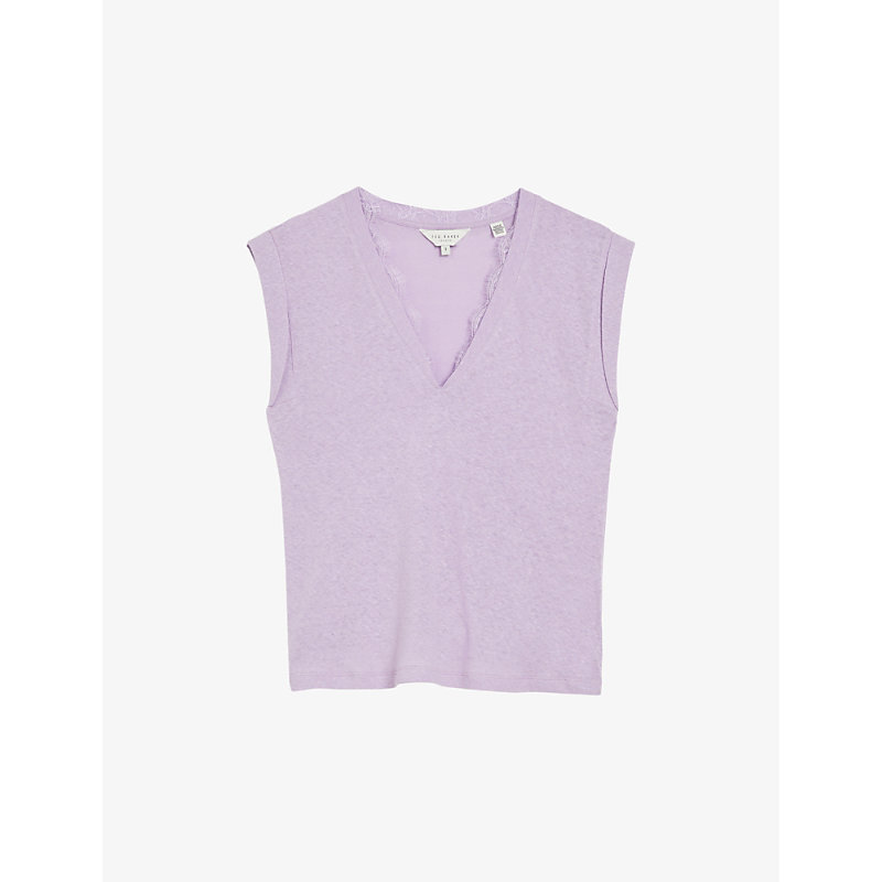 Shop Ted Baker Effiy Lace-trimmed V-neck Linen And Cotton-blend T-shirt In Lilac