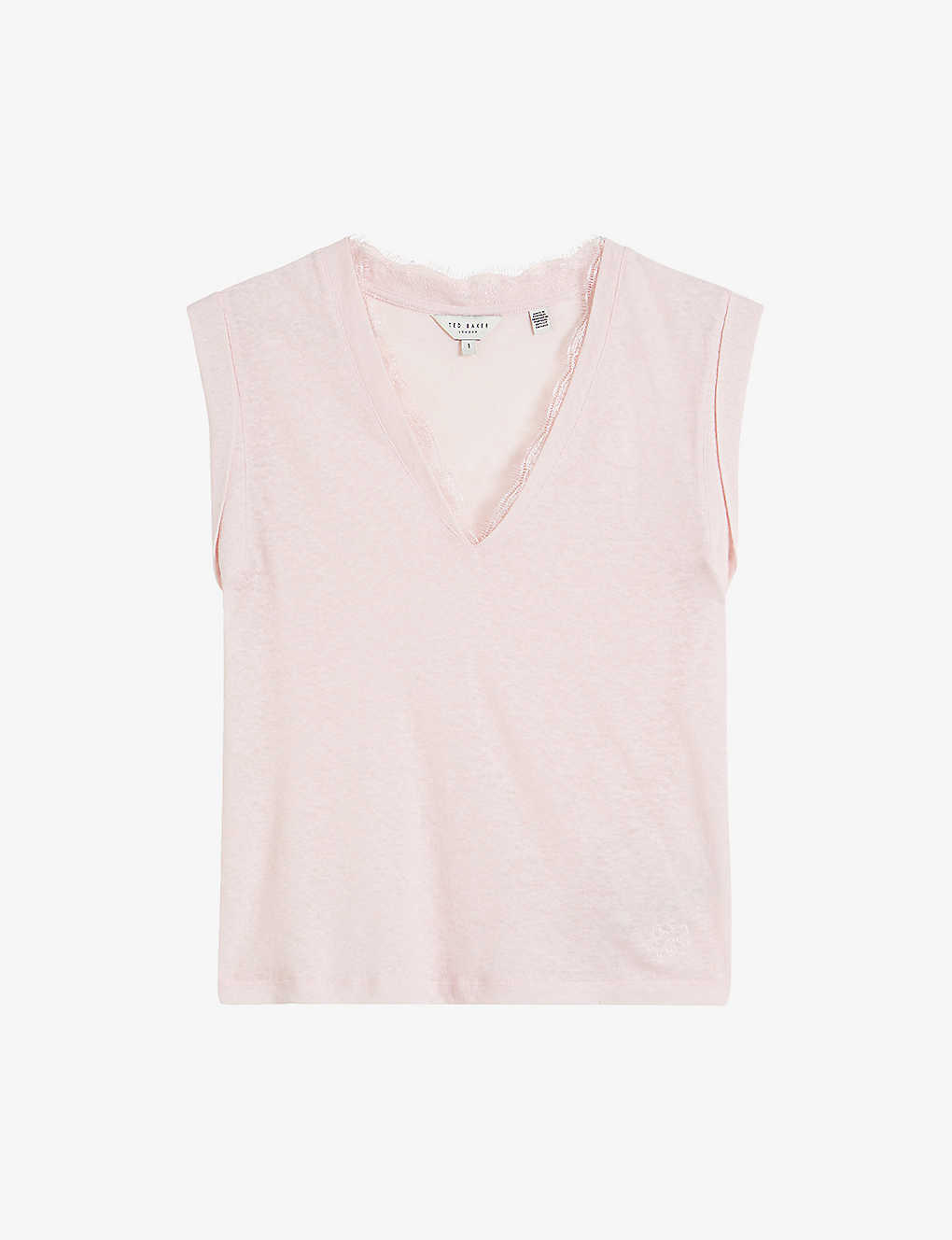 Ted Baker Womens Lt-nude Effiy Lace-trimmed V-neck Linen And Cotton-blend T-shirt In Pink