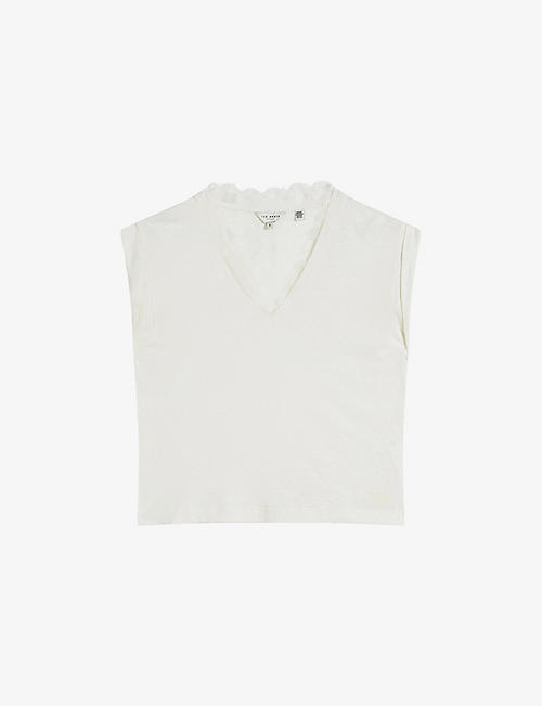 TED BAKER: Effiy lace-trimmed V-neck linen and cotton-blend T-shirt