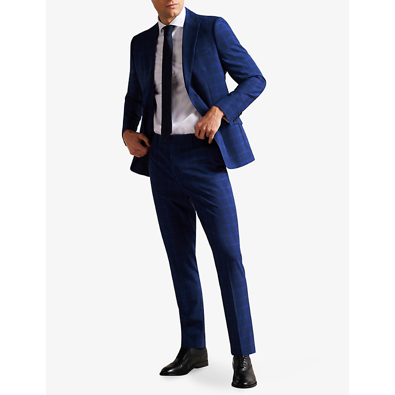 Shop Ted Baker Slim-fit Checked Straight-leg Mid-rise Wool And Silk Trousers In Dk-blue