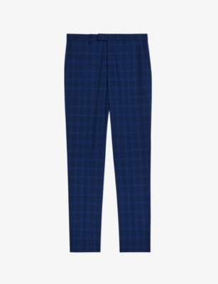 Ted Baker Mens Dk-blue Slim-fit Checked Straight-leg Mid-rise Wool And Silk Trousers