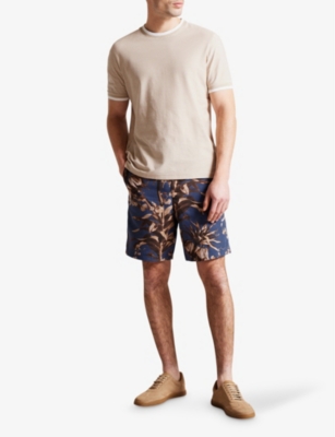 Shop Ted Baker Men's Navy Floral-print Elasticated-waist Cotton Shorts