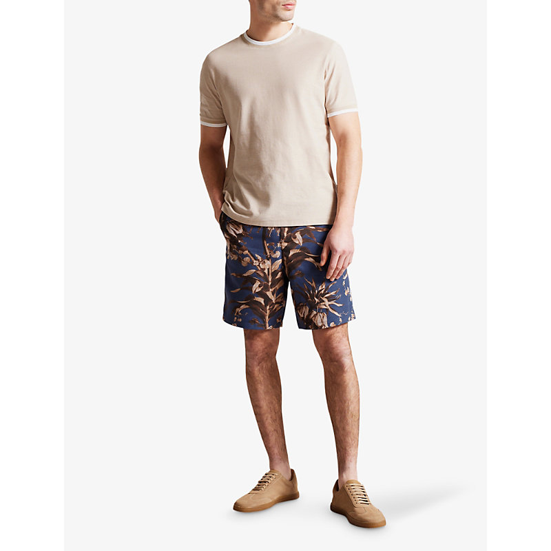 Shop Ted Baker Mens Navy Floral-print Elasticated-waist Cotton Shorts