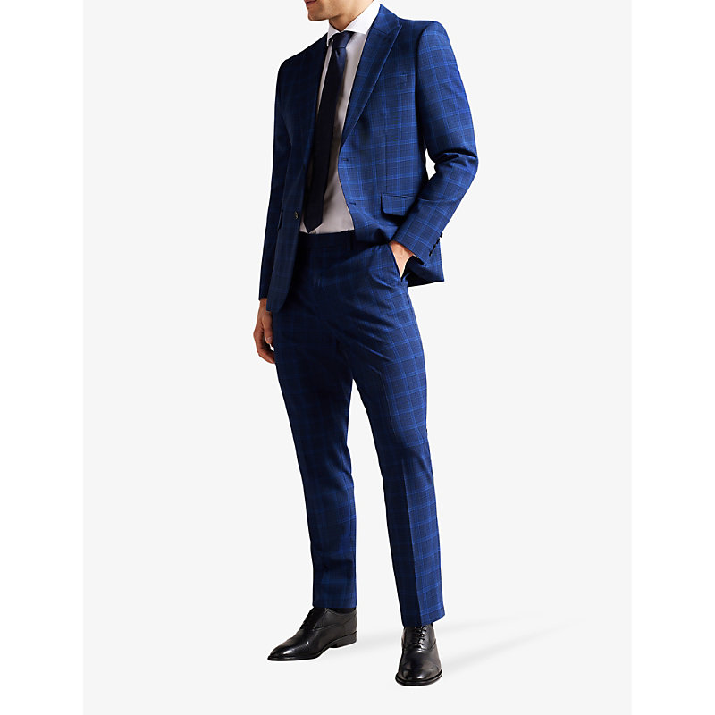 Shop Ted Baker Apolloj Check-pattern Slim-fit Wool Suit Jacket In Blue