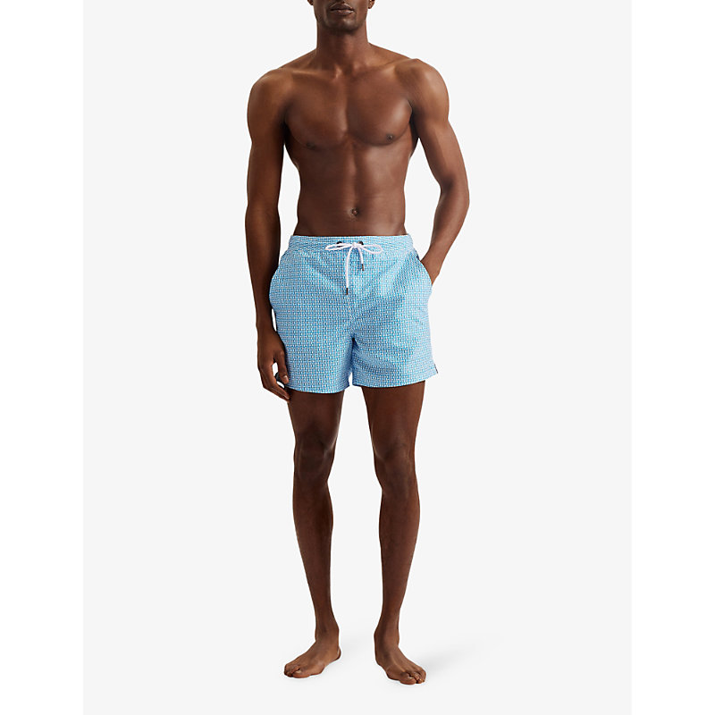 Shop Ted Baker Men's Brt-blue Popov Geometric-print Recycled-polyester Swim Shorts