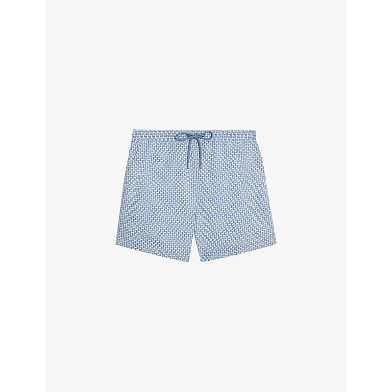 Shop Ted Baker Men's Dk-blue Popov Geometric-print Recycled-polyester Swim Shorts