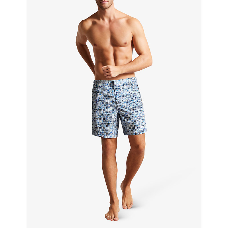 Shop Ted Baker Mens Blue Crabbe Geometric-print Regular-fit Woven Swim Shorts
