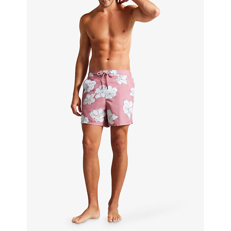 Shop Ted Baker Men's Mid-pink Ampbell Floral-print Recycled-polyester Swim Shorts