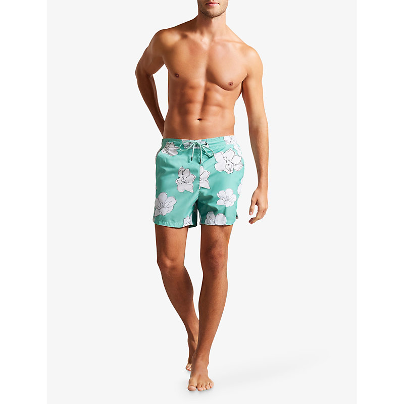 Shop Ted Baker Mens Mint Ampbell Floral-print Recycled-polyester Swim Shorts