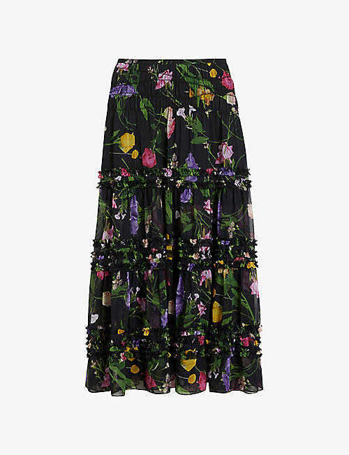 TED BAKER: Thieaa floral-print tiered recycled-polyester maxi skirt
