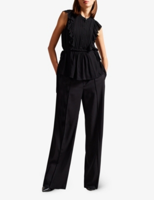 Shop Ted Baker Women's Black Evalie Frilled Drawstring-waist Crepe Top