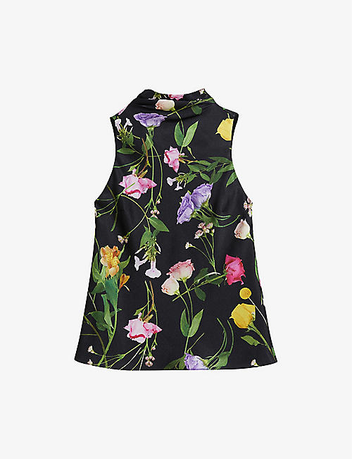 TED BAKER: Demitri floral-print neck-tie recycled-polyester top