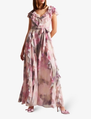 Shop Ted Baker Floral-print Woven Maxi Dress In Coral