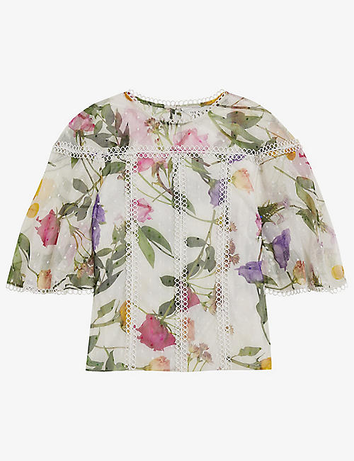 TED BAKER: Floral-print lace-trim stretch-woven top