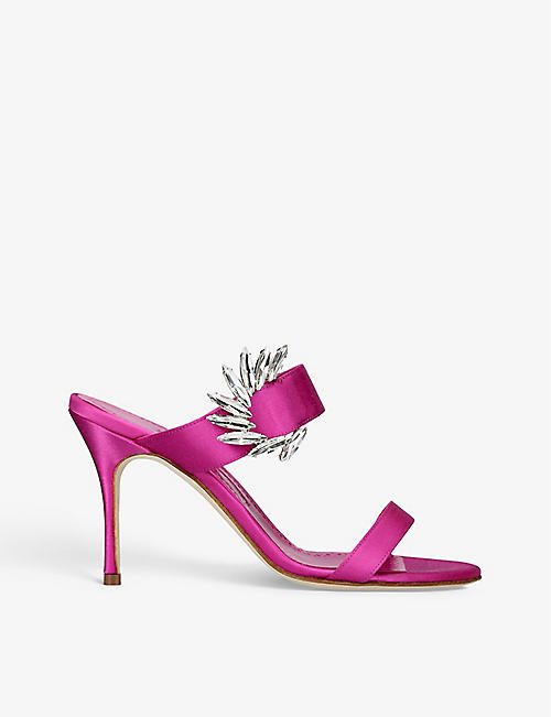 MANOLO BLAHNIK: Chivela 90 crystal-embellished satin heeled mules