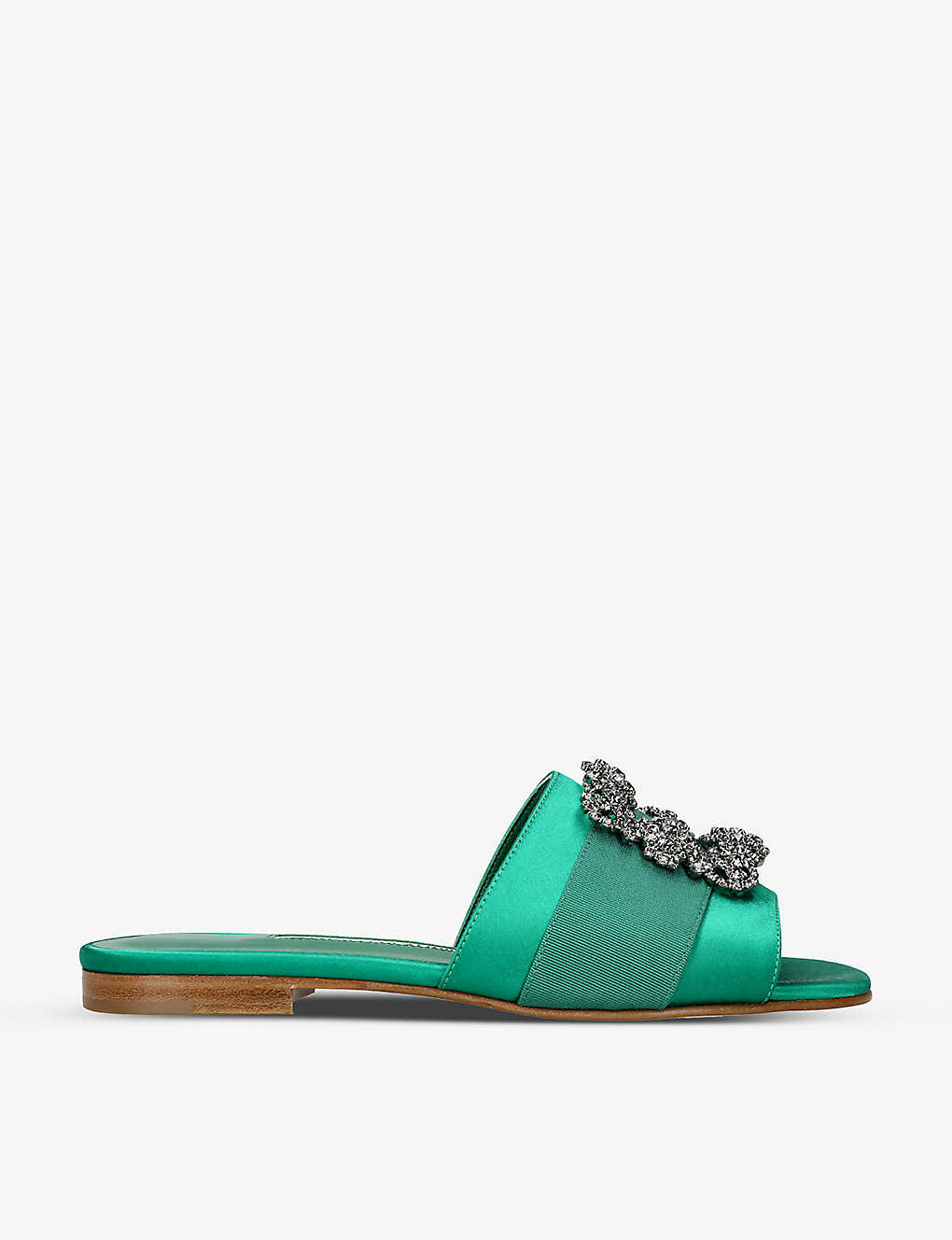 Manolo Blahnik Martamod Crystal-embellished Satin Flat Sandals In Green