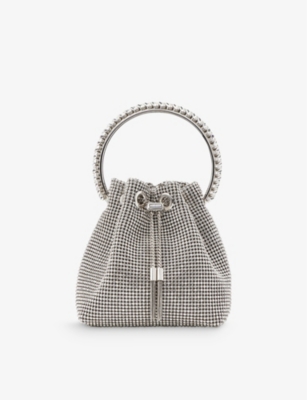 Shop Jimmy Choo Silver Bon Bon Crystal-embellished Mesh Top-handle Bag