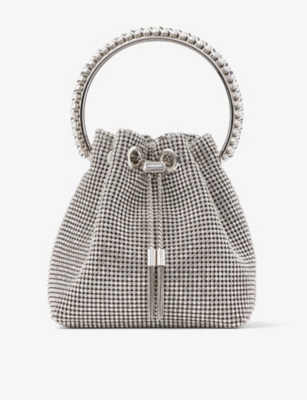 Shop Jimmy Choo Silver Bon Bon Crystal-embellished Mesh Top-handle Bag