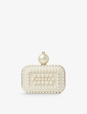 JIMMY CHOO: Micro Cloud pearl and crystal-embellished suede clutch bag