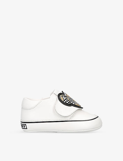 BURBERRY: Ross bear-embellished leather trainers 0-6 months