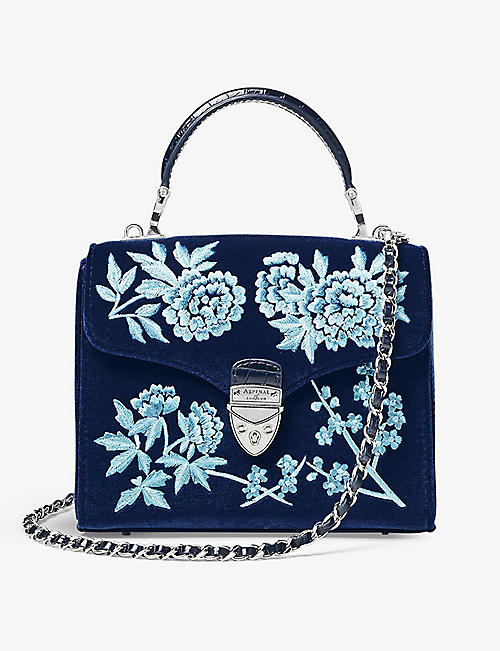 ASPINAL OF LONDON: Mayfair midi flower-embroidered velvet top-handle bag