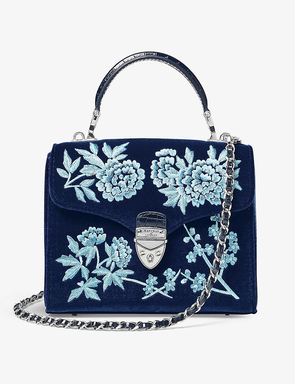 Aspinal Of London Mayfair Midi Flower-embroidered Velvet Top-handle Bag In Navy