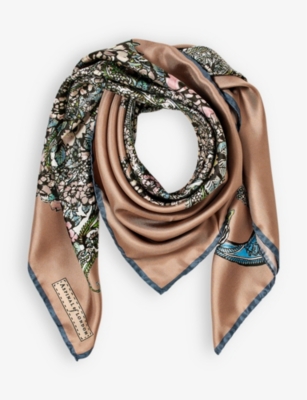 ASPINAL OF LONDON Floral peacock print silk scarf Selfridges
