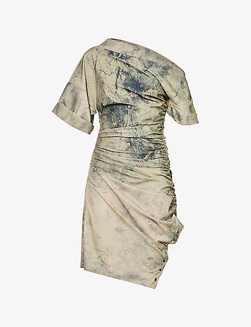 WEINSANTO: Abstract-print asymmetric-neck woven mini dress
