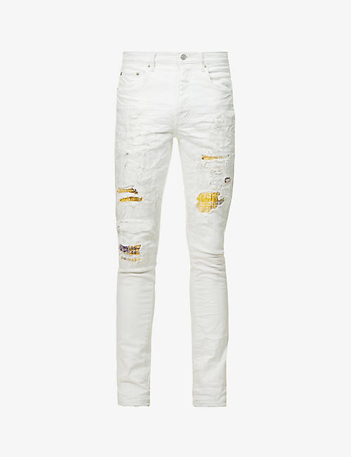 PURPLE BRAND: Distressed plaid-patch slim-fit stretch-denim jeans