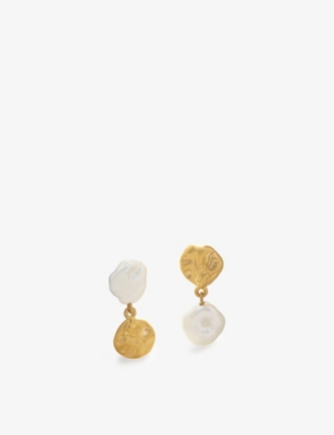 MONICA VINADER: Circular drop 18ct yellow gold-plated vermeil recycled sterling-silver and pearl stud drop earrings