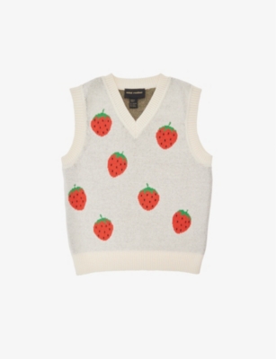 Mini Rodini Girls Offwhite Kids Strawberries V-neck Cotton-knit Vest 18 Months-11 Years In Offwhite