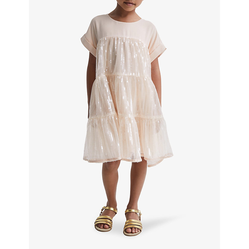 REISS REISS GIRLS PALE PINK KIDS LUCI SEQUINNED-FRILLY WOVEN DRESS 4-9 YEARS 65413952