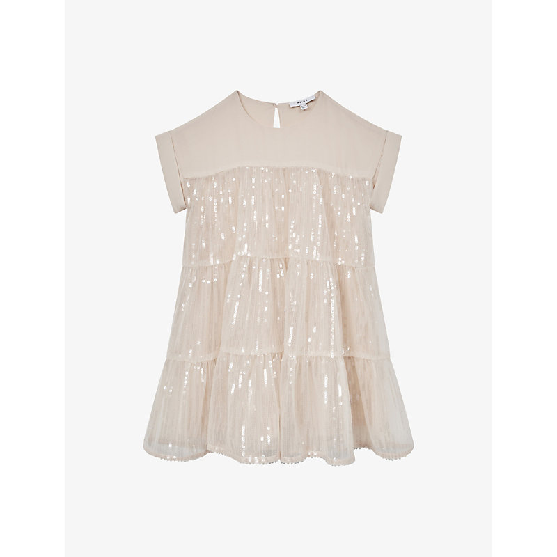 REISS REISS GIRLS PALE PINK KIDS LUCI SEQUINNED-FRILLY WOVEN DRESS 4-9 YEARS,65413952