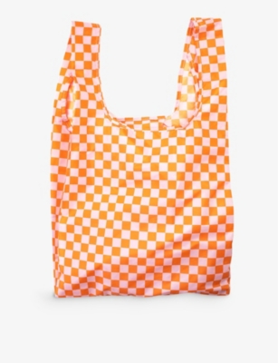 Kind Bag Womens Checkerboard Pink-orange Gingham-print Reusable Medium Woven Bag