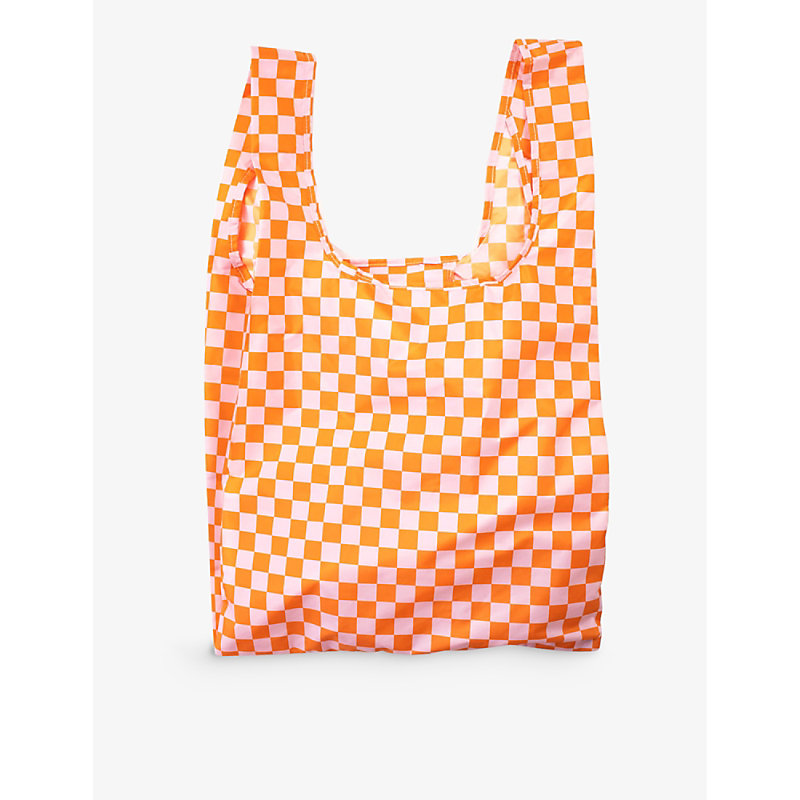 Kind Bag Womens Checkerboard Pink-orange Gingham-print Reusable Medium Woven Bag