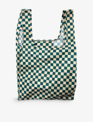 Kind Bag Womens Checkerboard Teal- Beige Gingham-print Reusable Medium Woven Bag
