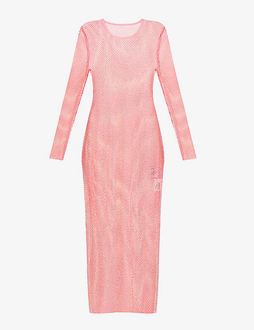 LESLIE AMON: Rhinestone-embellished semi-sheer stretch-woven maxi dress