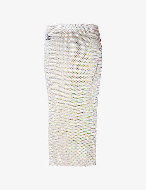 LESLIE AMON: Rhinestone-embellished semi-sheer high-waist stretch-woven midi skirt