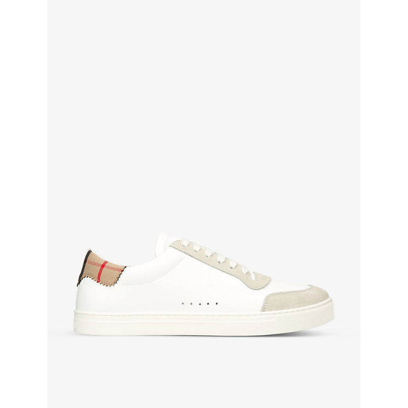 Shop Burberry Men's White Robin Check-insert Leather Low-top Trainers