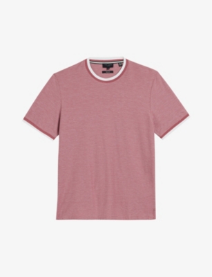 Shop Ted Baker Men's Mid-pink Bowker Textured Contrasting-trim Cotton T-shirt