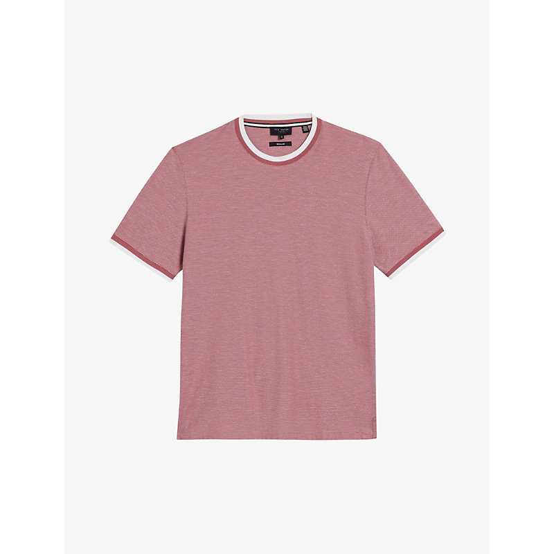 Shop Ted Baker Men's Mid-pink Bowker Textured Contrasting-trim Cotton T-shirt
