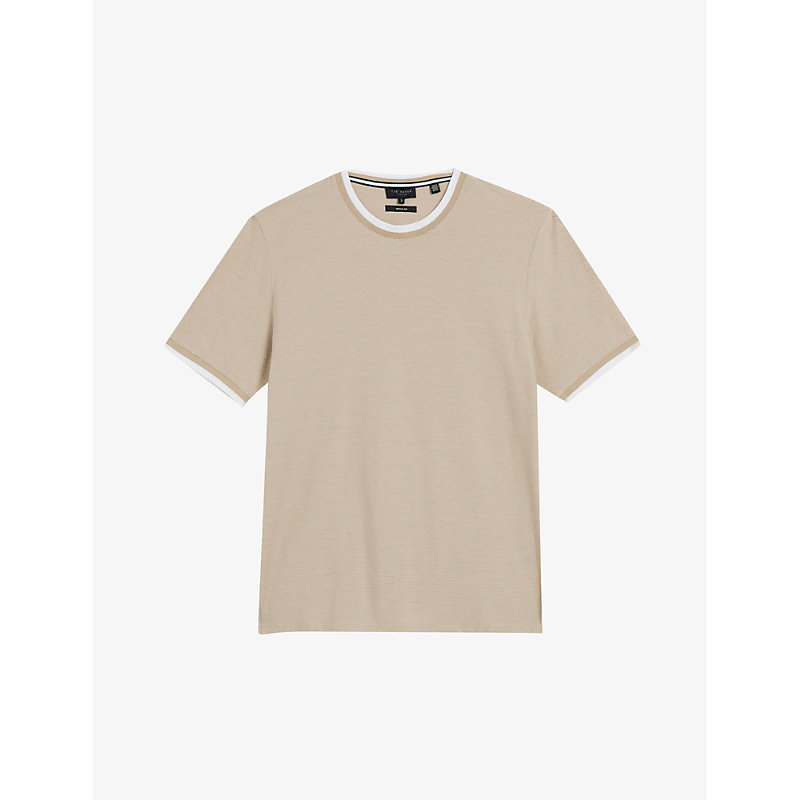 Ted Baker Bowker Textured Contrasting-trim Cotton T-shirt In Tan