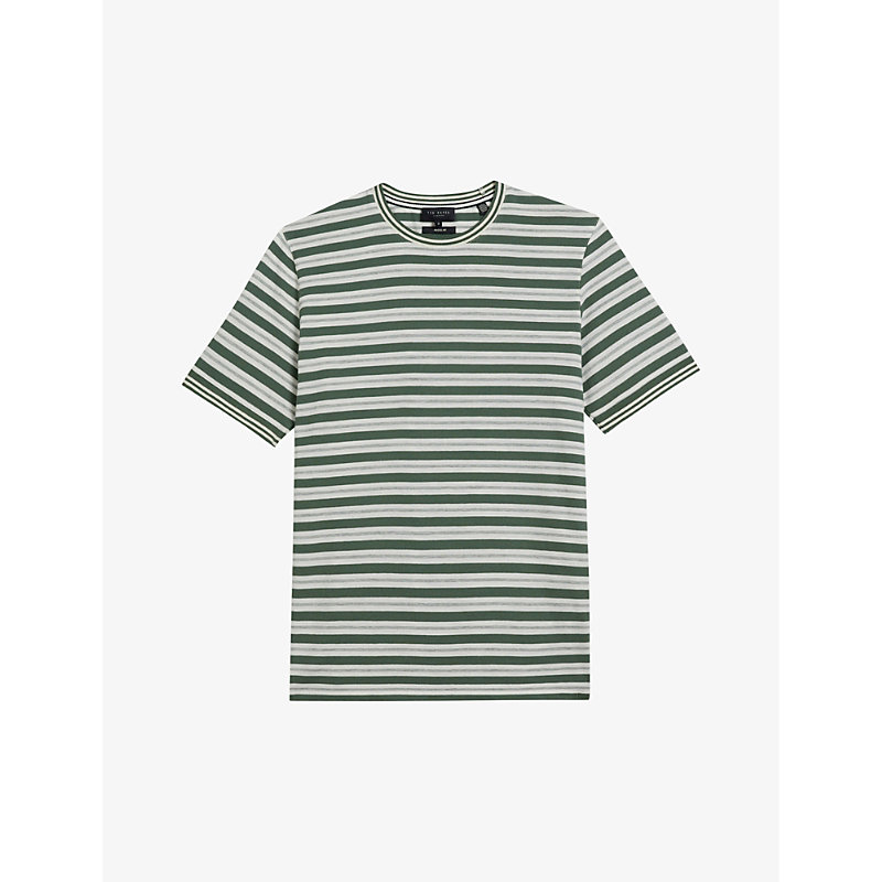 Shop Ted Baker Vadell Striped Crewneck Cotton-blend T-shirt In Khaki